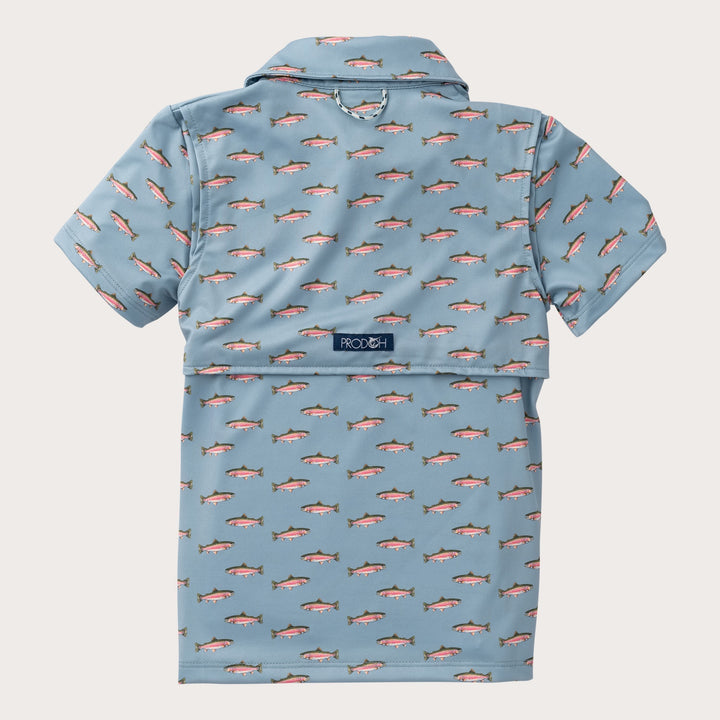 Short-sleeve shirt with fish pattern on a light blue background