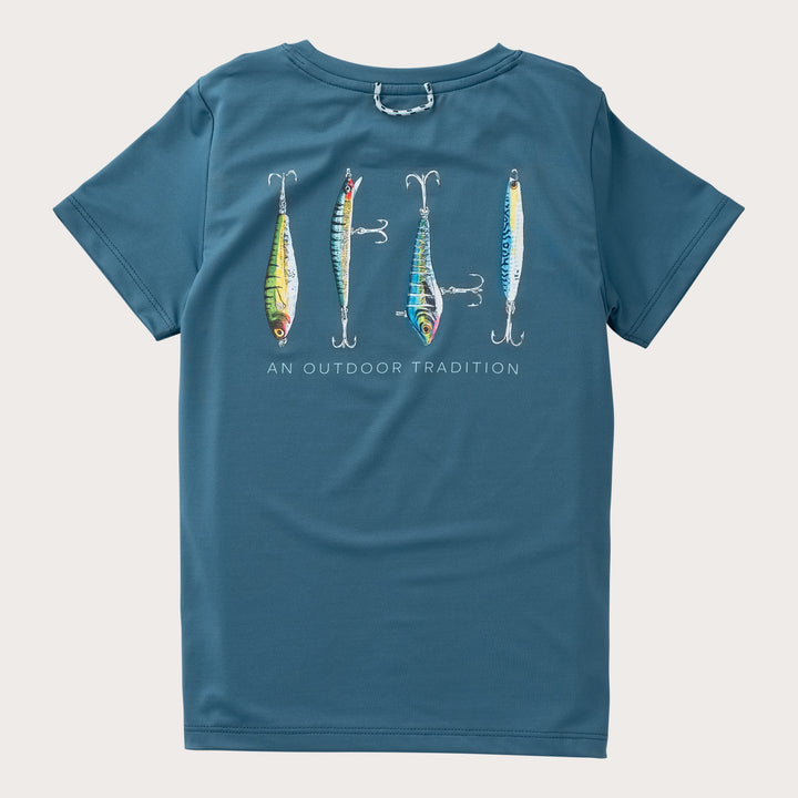 FISHING LURES TAPESTRY BLUE KIDS PRO PERFORMANCE TEE