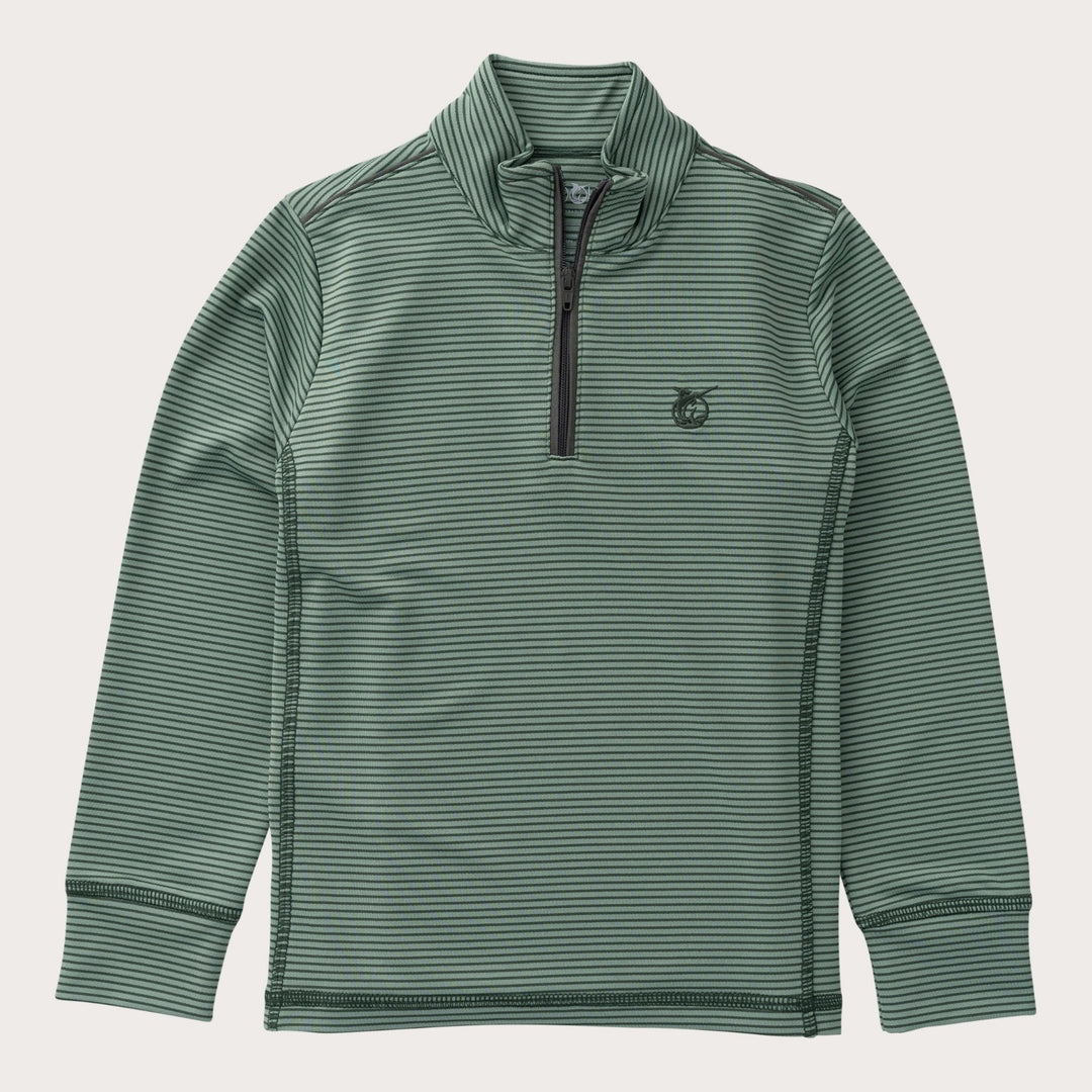 Green striped long-sleeve shirt with a quarter zip on a light gray background
