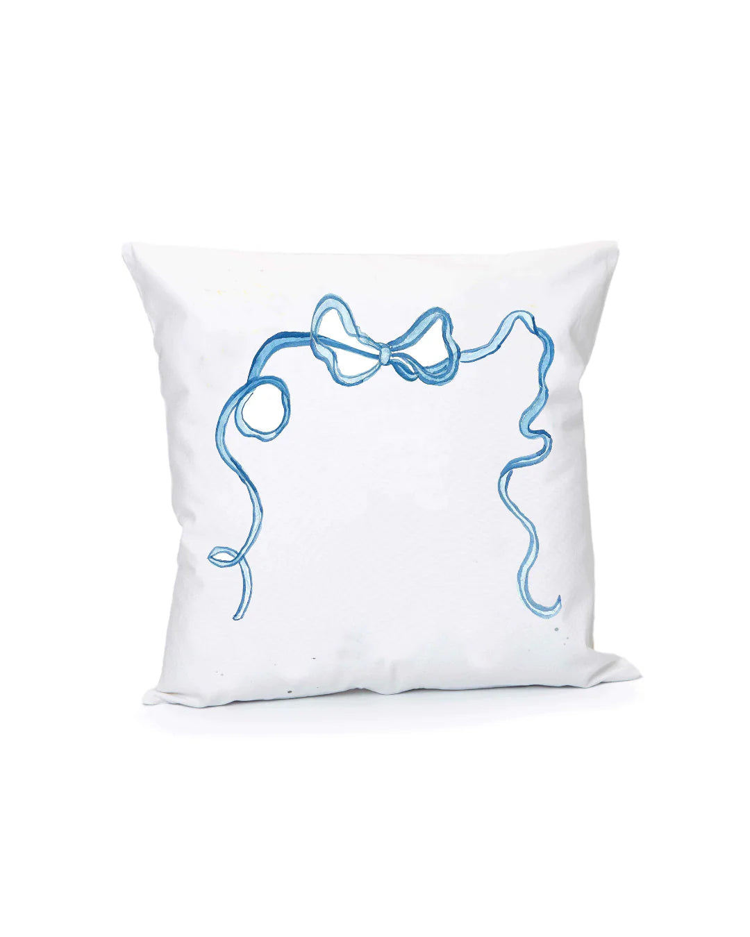 White pillow with blue abstract design on a white background