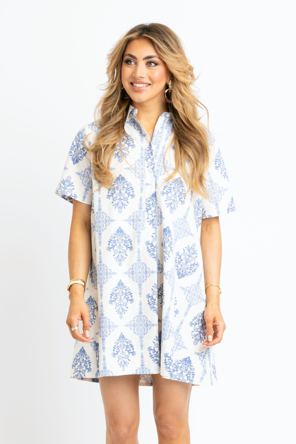 KARLIE: FRENCH BLUE VINTAGE FLORAL SHIRT DRESS