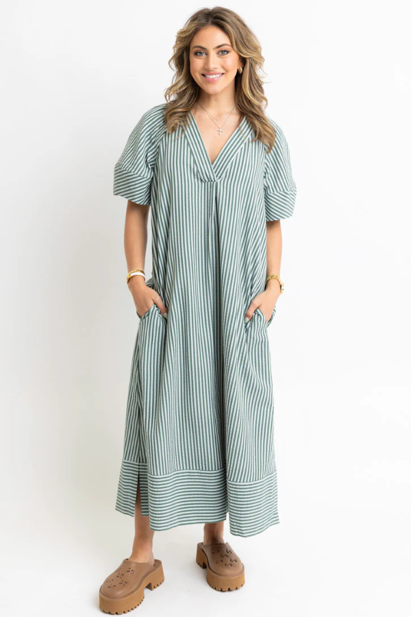 KARLIE: GREEN STRIPE VNECK PUFF SLEEVE MAXI DRESS