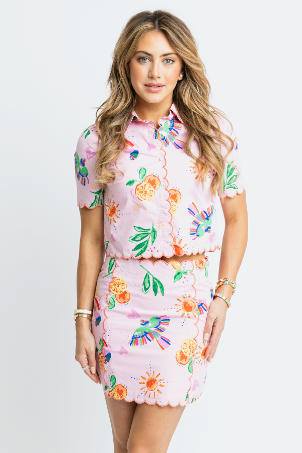 KARLIE: PINK TOUCAN FRUIT SCALLOP BUTTON TOP & SKIRT SET