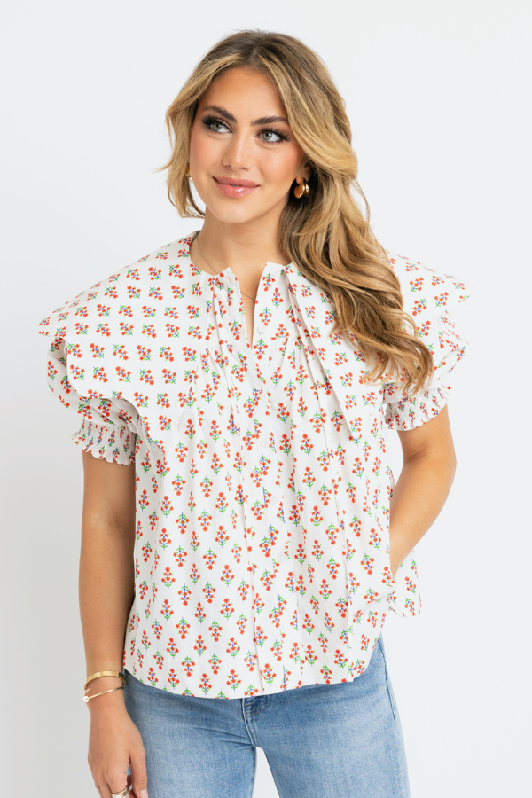 KARLIE: IVORY DIGITAL FLORAL COLLAR BUTTON TOP