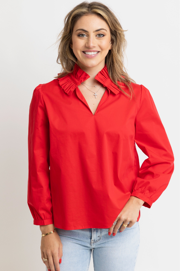 KARLIE: RED POPLIN RUFFLE NECK TOP