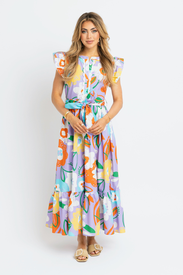 KARLIE: PURPLE ARTIST FLORAL TIER RIC RAC MAXI DRESS