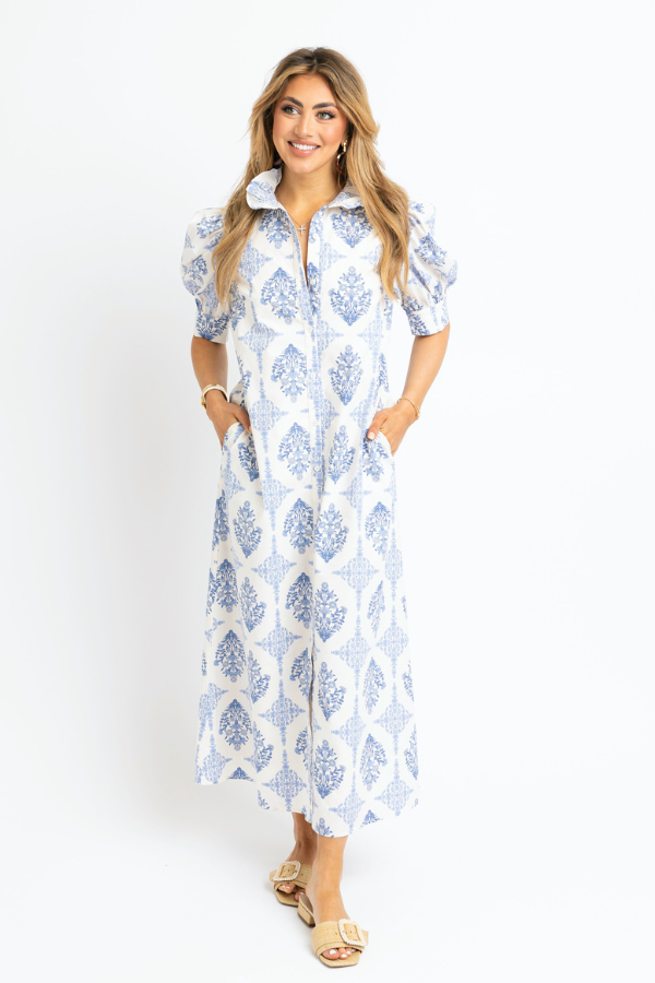 KARLIE: BLUE FRENCH VINTAGE FLORAL PUFF SLEEVE MAXI SHIRT DRESS