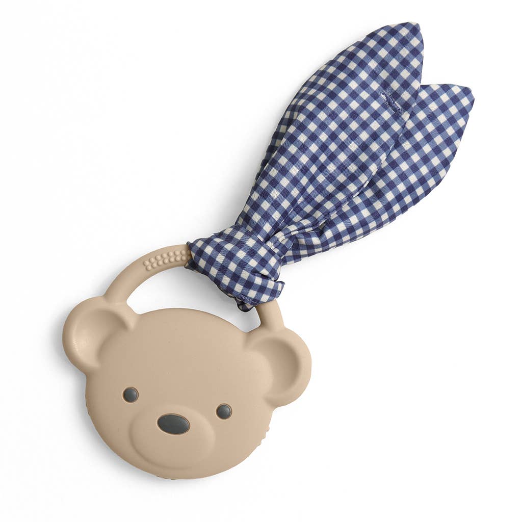 Bear-shaped teether with a blue checkered cover on a white background
