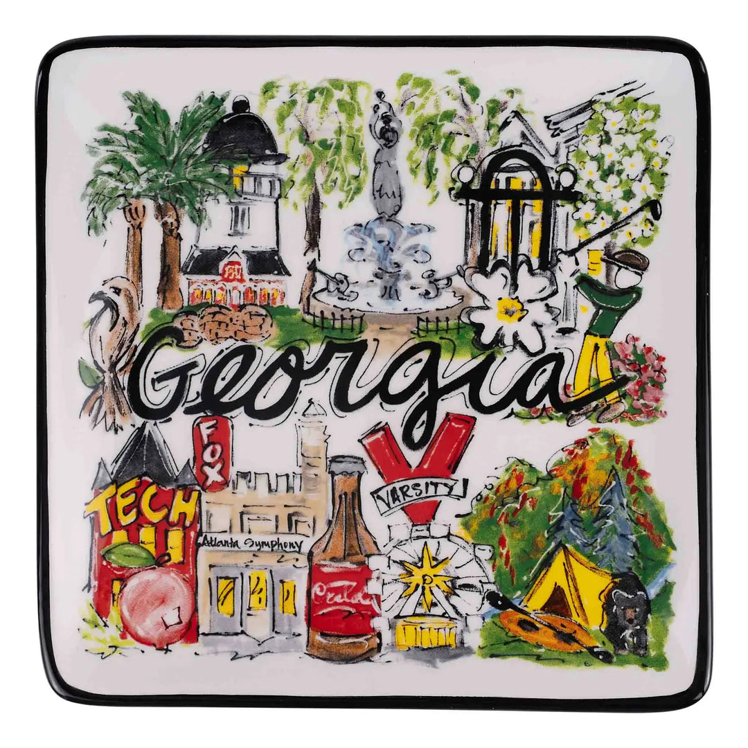 STATE OF GEORGIA ICON TRINKET TRAY WITH STATE OF GEORGE LANDMARKS PAINTED ON IT; BLACK TRIM, WHITE BACKGROUND
