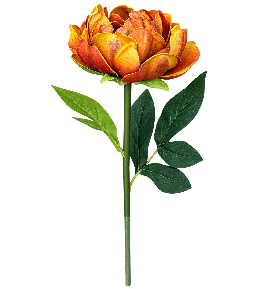 Burnt orange faux flower stem with layered petals and green leaves, perfect for fall floral arrangements and seasonal home décor | Walker Boutique.