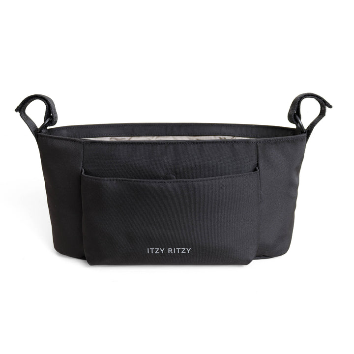 A black structured baby carrier insert with two top handles and a front pocket, featuring the brand name 'ITZY RITZY' printed in white near the bottom center, set against a plain white background.