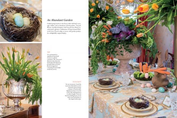 Decorative Easter table setting with floral arrangements and eggs.