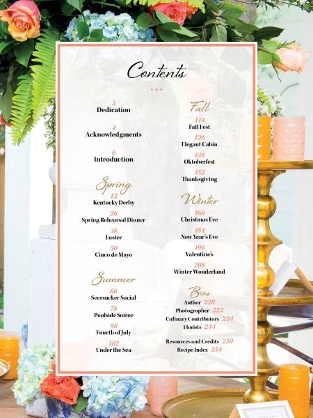 Table of contents for a book or event guide with floral decorations.