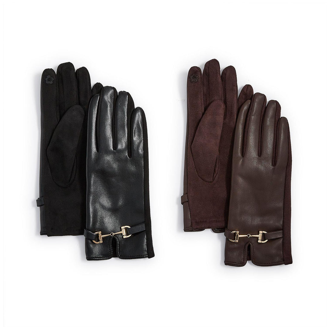 Two pairs of leather gloves on a white background, one black and one dark brown, each showing both the back and front views with a gold-tone horsebit detail at the cuff.