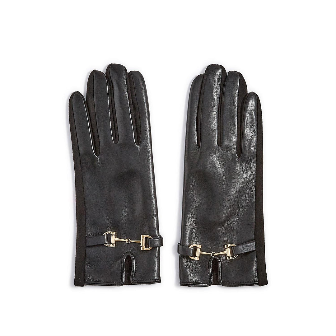 Pair of black leather gloves with gold buckles on a white background
