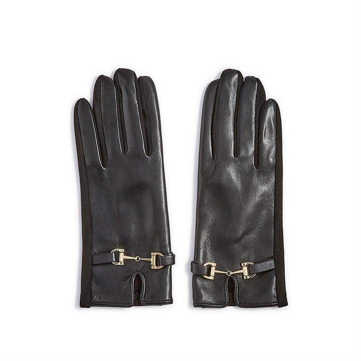 Pair of black leather gloves with gold buckles on a white background