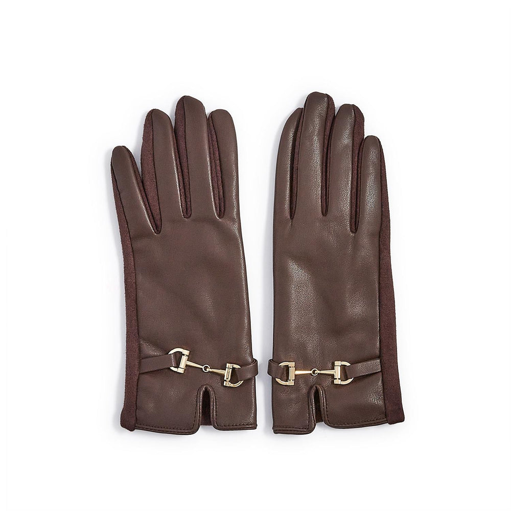 Pair of brown leather gloves with gold buckles on a white background