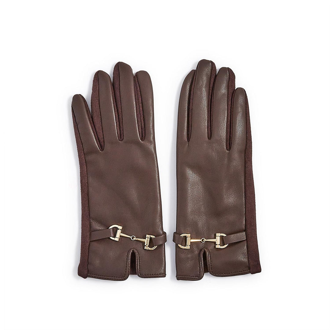 Pair of brown leather gloves with gold buckles on a white background