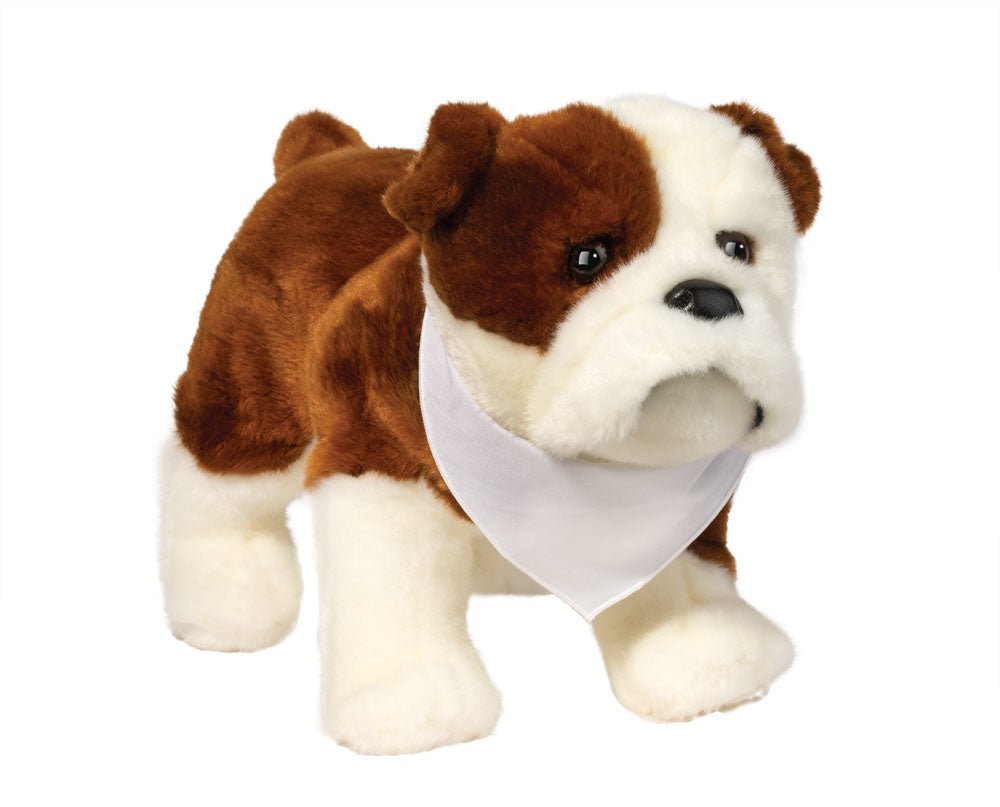 BROWN AND WHITE BULLDOG STUFFED ANIMAL WITH WHITE BANDANA ON WHITE BACKGROUND