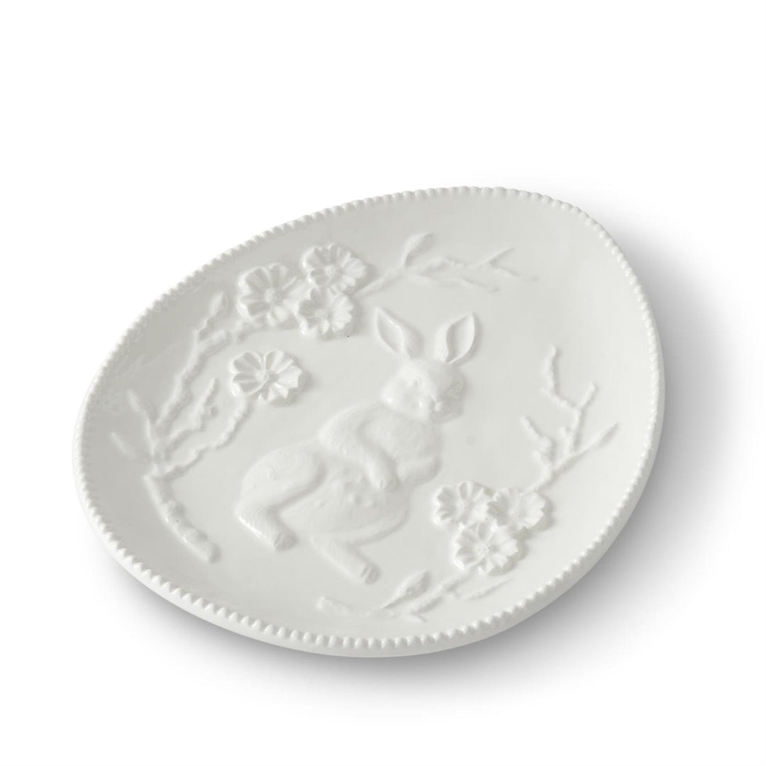 WHITE CERAMIC EASTER BUNNY EMBOSSED EGG PLATE