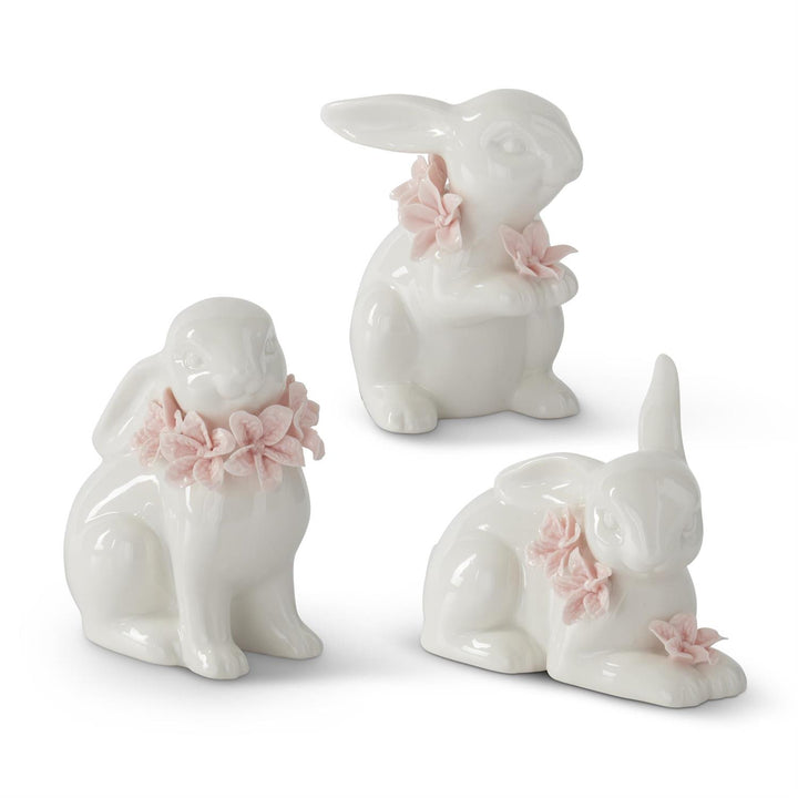 WHITE CERAMIC EASTER BUNNIES WITH PINK FLOWERS