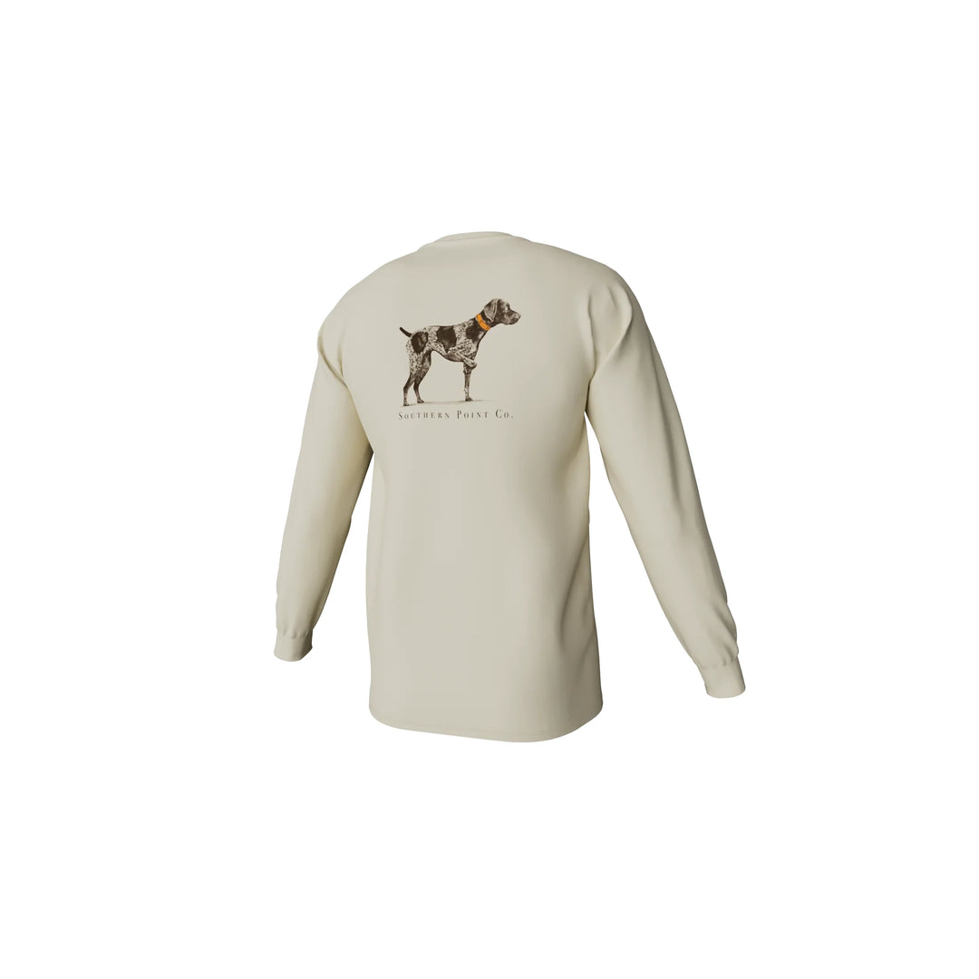 Beige long-sleeve shirt with a dog illustration on the back against a white background
