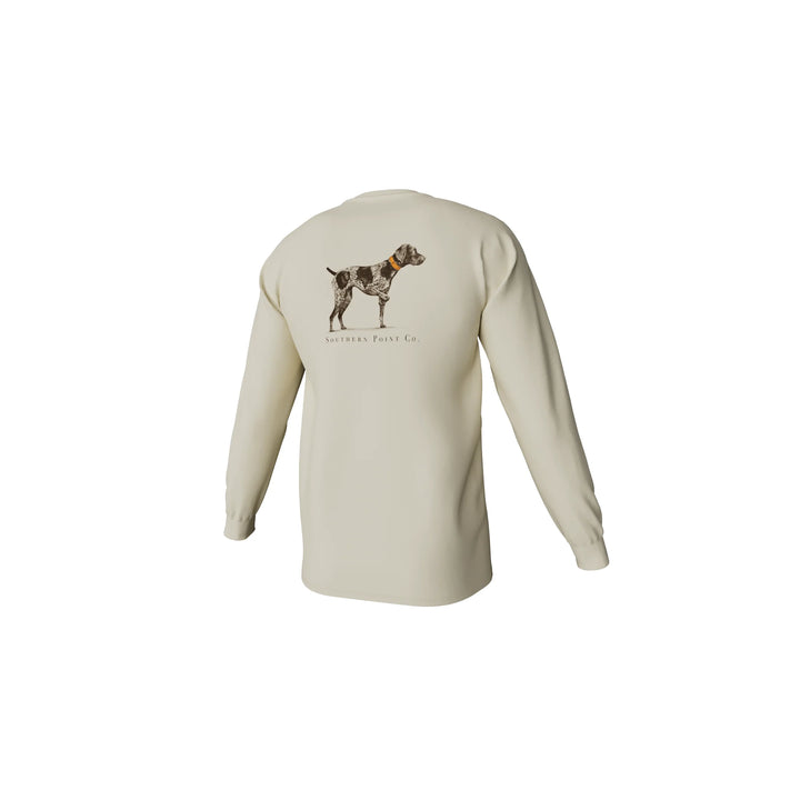Beige long-sleeve shirt with a dog illustration on the back against a white background