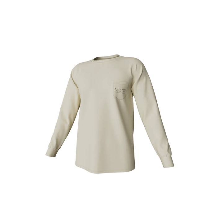 Beige long-sleeve shirt with a logo on a white background