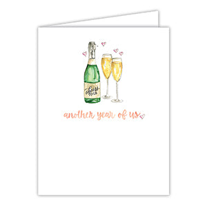 Greeting card with champagne bottle and glasses on a white background