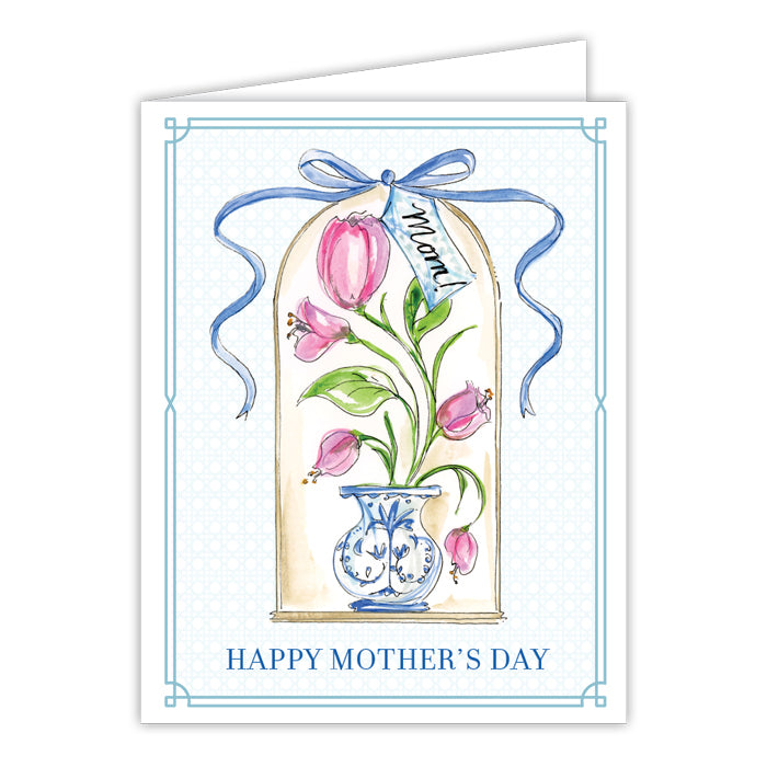Greeting card with pink tulips in a blue vase, ribbon, and 'Happy Mother's Day' text on a white background.