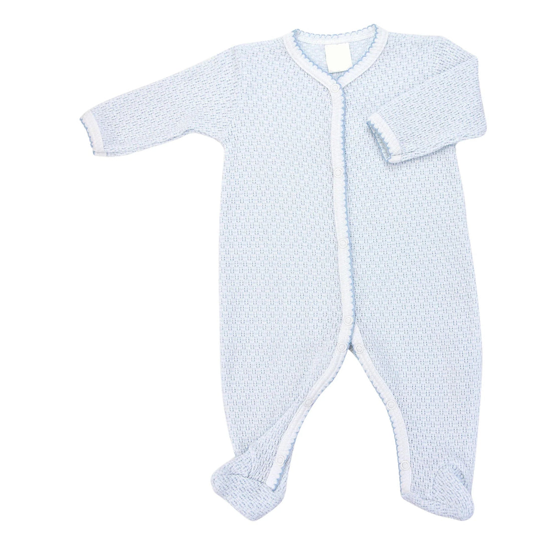 BLUE PATY KNIT FOOTIE ON WHITE BACKGROUND