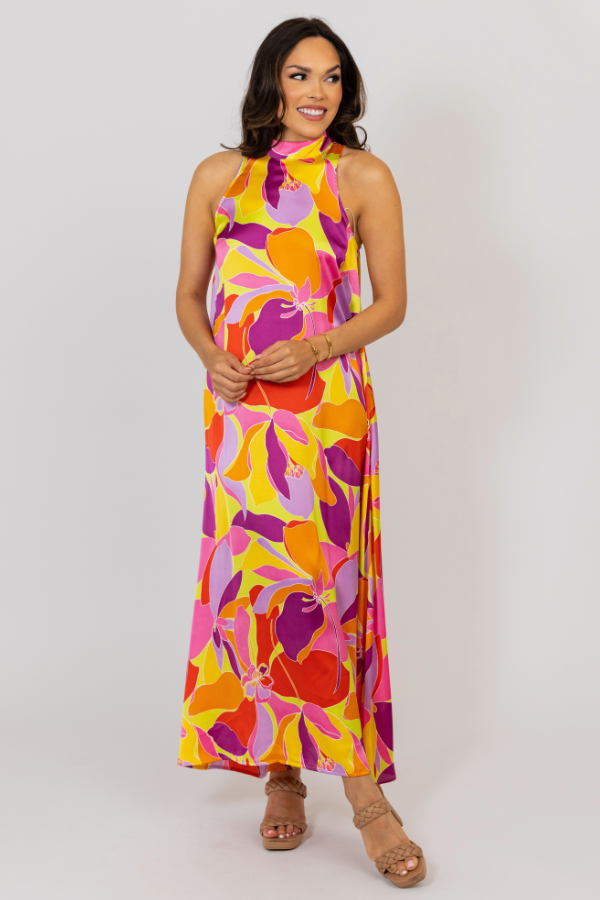 KARLIE: RED FLORAL SATIN MOCK HALTER MAXI