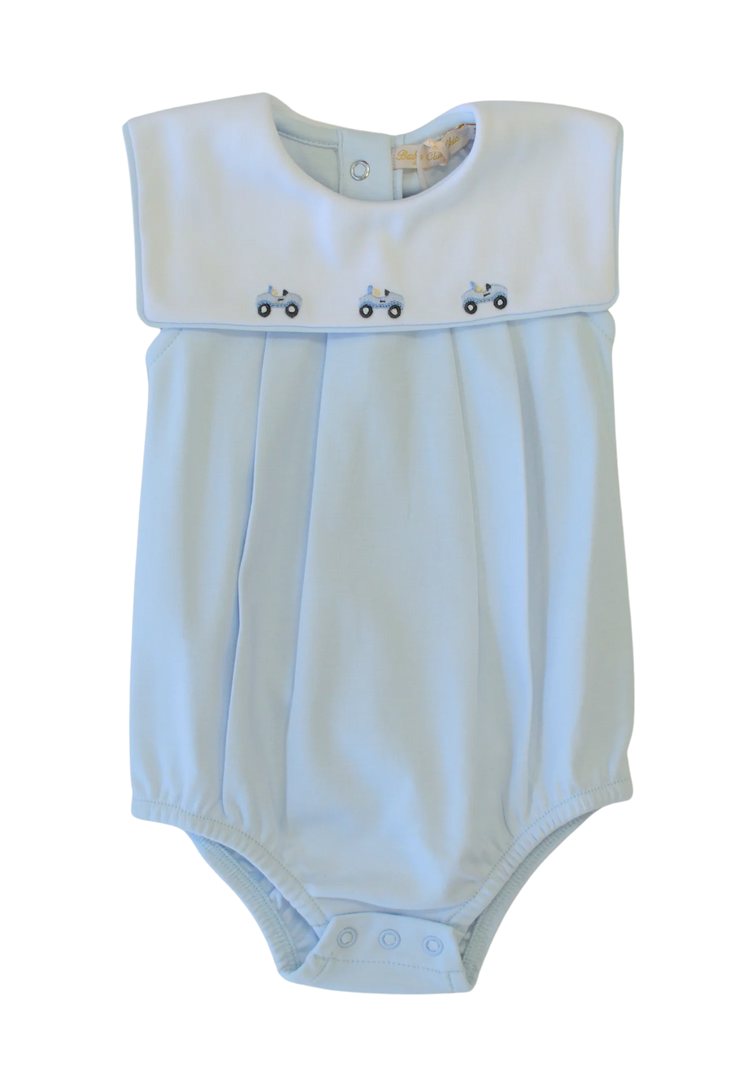 LIGHT BLUE BUBBLE WITH CARS EMBROIDERED ON WHITE COLLAR