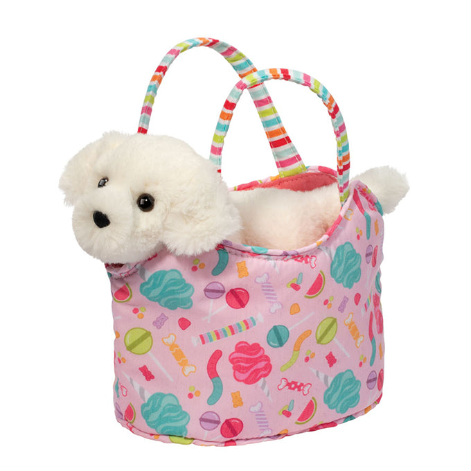 PINK SWEETS PRINTED CARRY SAK WITH PLUSH WHITE PUPPY STUFFED ANIMAL ON WHITE BACKGROUND