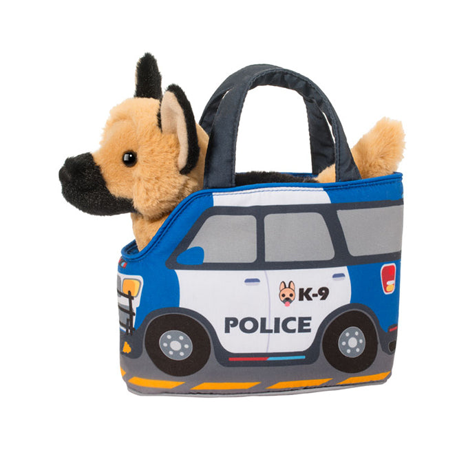 German shepherd puppy plush toy peeking out of a blue K-9 police car tote bag with padded handles and police vehicle details | Walker Boutique