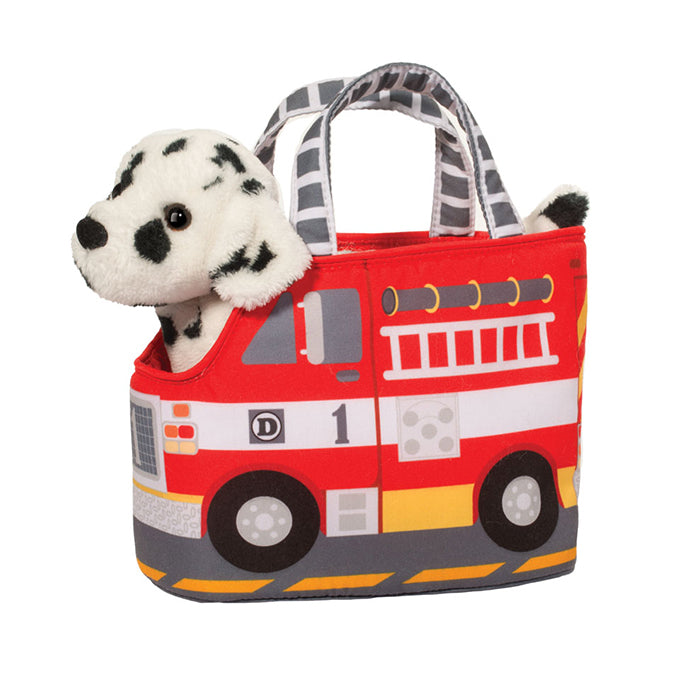 Dalmatian puppy plush toy peeking out of a red fire truck tote bag with gray handles, featuring fire rescue details, ladder graphics, and vehicle-themed accents | Walker Boutique