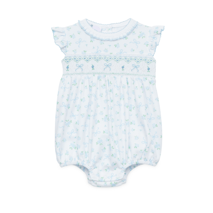 WHITE SMOCKED BUBBLE WITH FLUTTER SLEEVES AND ALL OVER BLUE AND GREEN BOW DESIGN