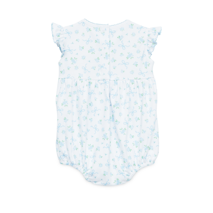 WHITE SMOCKED BUBBLE WITH FLUTTER SLEEVES AND ALL OVER BLUE AND GREEN BOW DESIGN