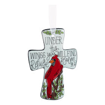 Decorative cross with a red cardinal and text on a white background