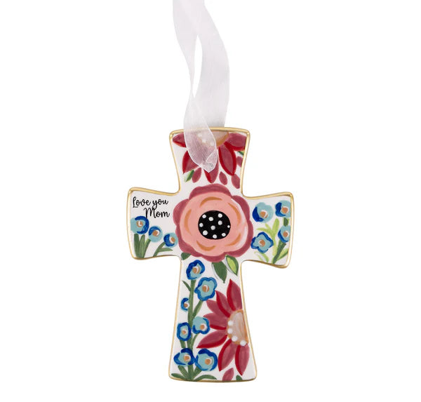 Hand-painted floral ceramic cross ornament with “Love you Mom” message and ribbon hanger | Walker Boutique
