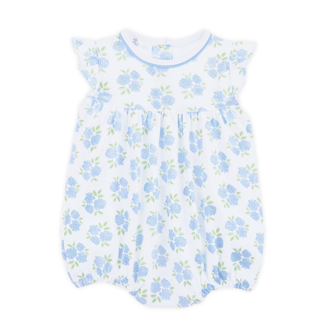 little girls bubble with Allover hydrangea floral print in sky blue and soft green