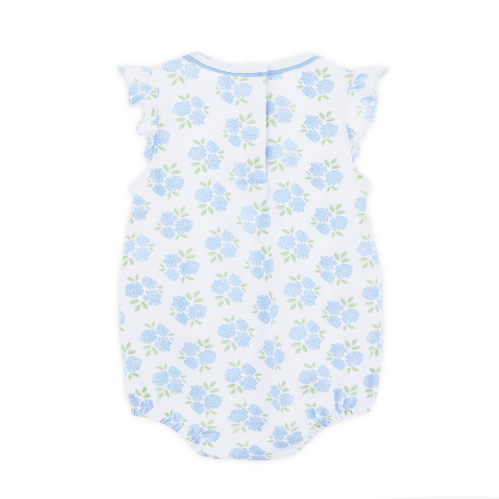 little girls bubble with Allover hydrangea floral print in sky blue and soft green