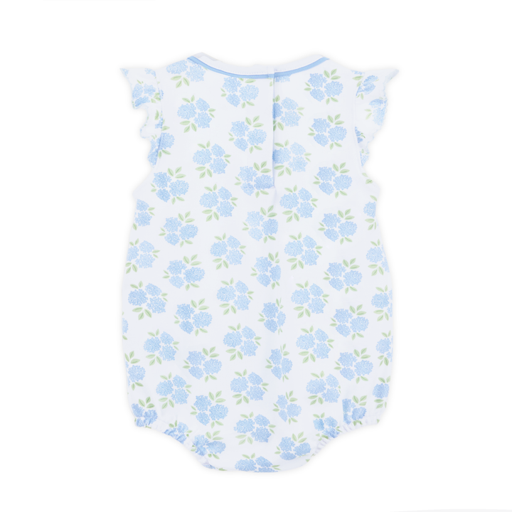 little girls bubble with Allover hydrangea floral print in sky blue and soft green