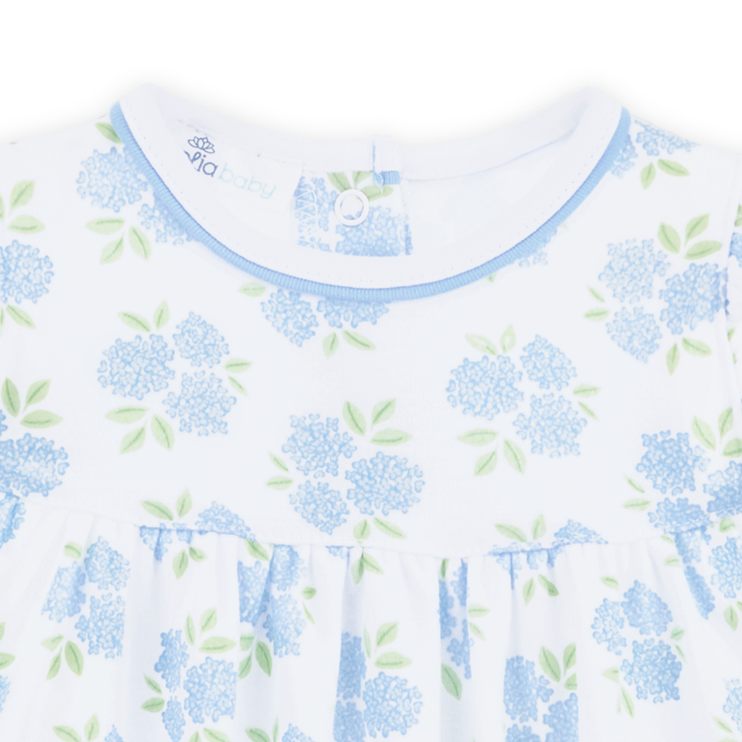 little girls bubble with Allover hydrangea floral print in sky blue and soft green