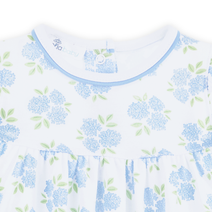 little girls bubble with Allover hydrangea floral print in sky blue and soft green