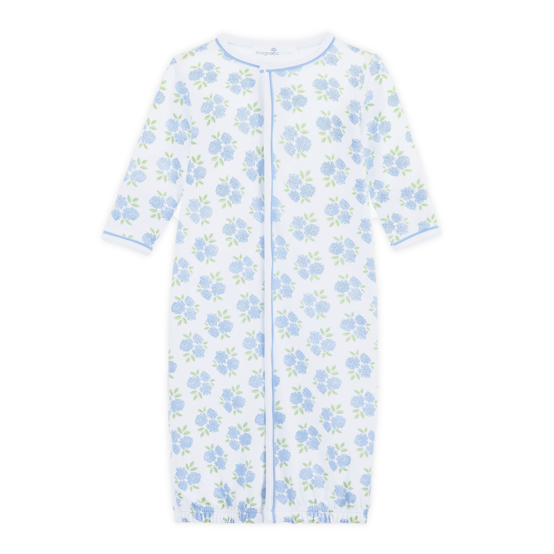 Baby converter gown with Allover hydrangea floral print in sky blue and soft green
