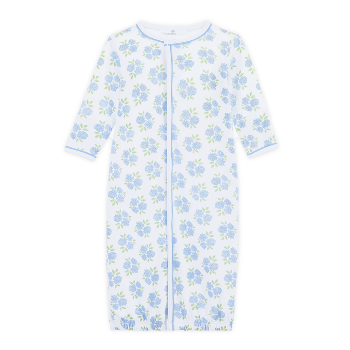 Baby converter gown with Allover hydrangea floral print in sky blue and soft green