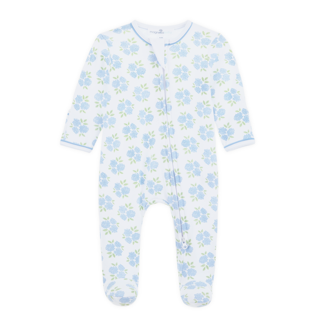 Allover hydrangea floral print in sky blue and soft green footie pajama