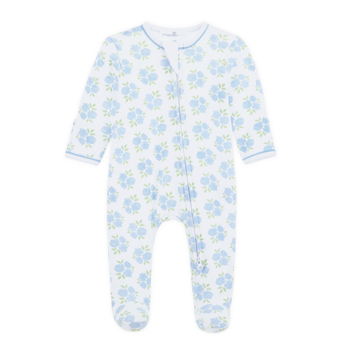 Allover hydrangea floral print in sky blue and soft green footie pajama