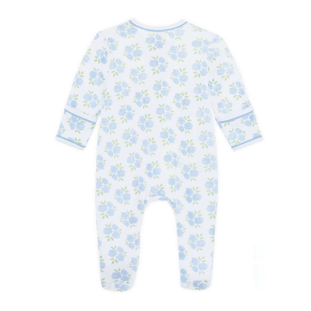 Allover hydrangea floral print in sky blue and soft green footie pajama